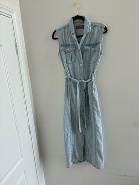 Blank NYC Light Blue Sleeveless Denim Maxi Dress with Tie Belt